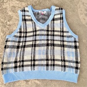 Y2K Preppy Plaid Cropped Sweater Vest White Blue Size Juniors XXL (19)